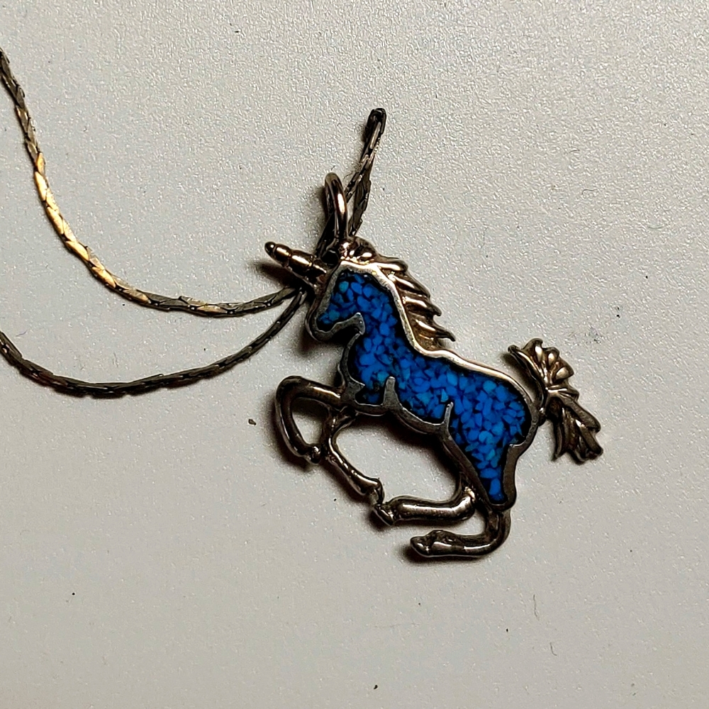 Vintage 80s turquoise and Silver Unicorn Necklace